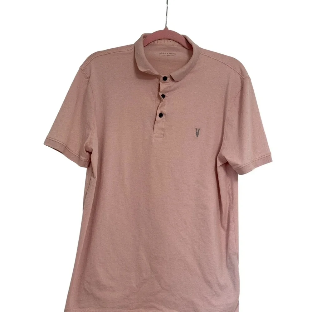 AllSaints Vidal Dusty Pink‎ Polo Ramskull logo Mens XL